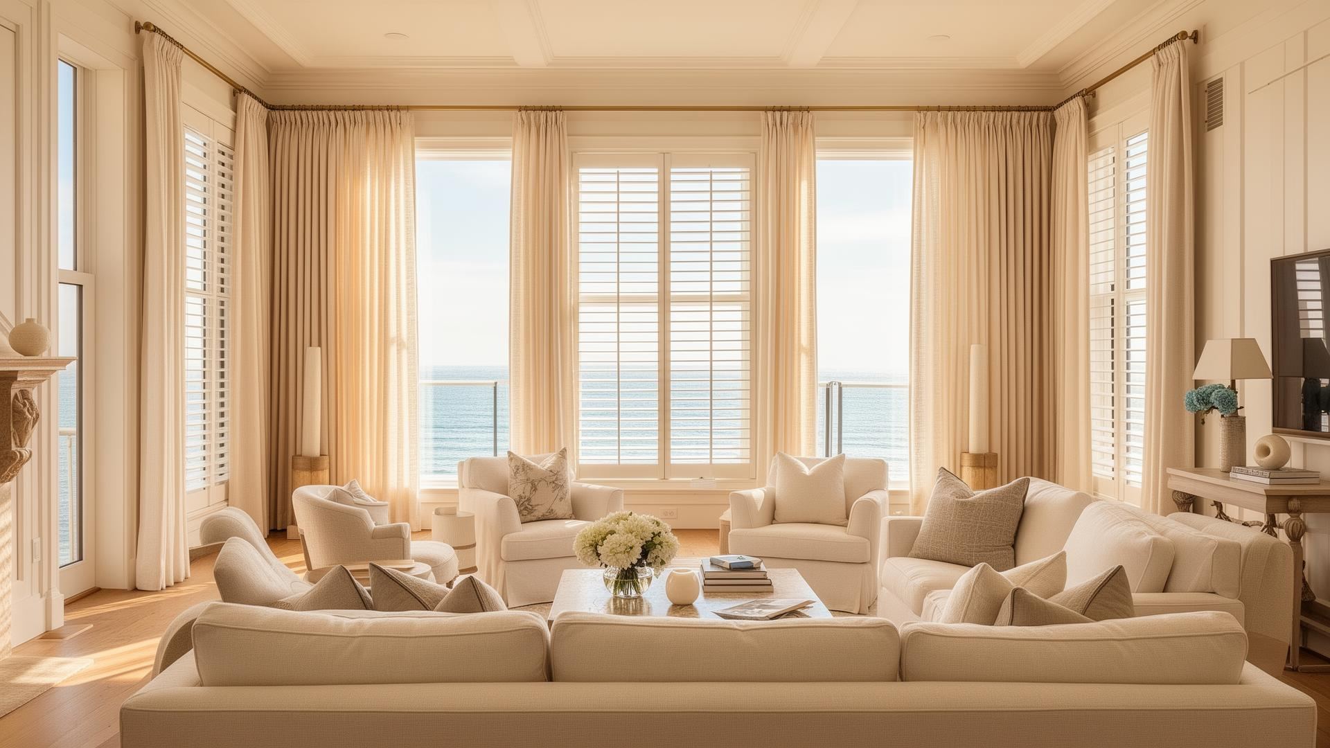 Sheer drapery filtering natural light in a bright Southampton home