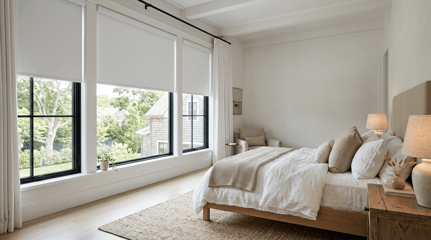 Roller shades paired with drapery panels for modern layered light control