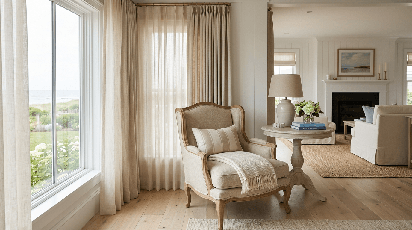 Sheer linen drapery with custom upholstered seating in a coastal Hamptons living room