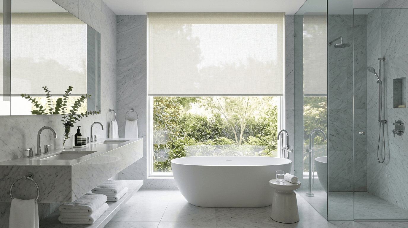Motorized roller shades in a marble bathroom with modern smart-home control