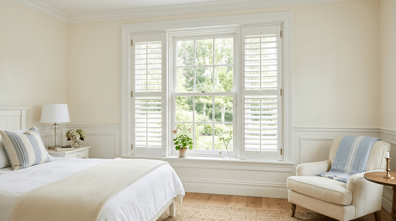 White plantation shutters in a bright Hamptons bedroom