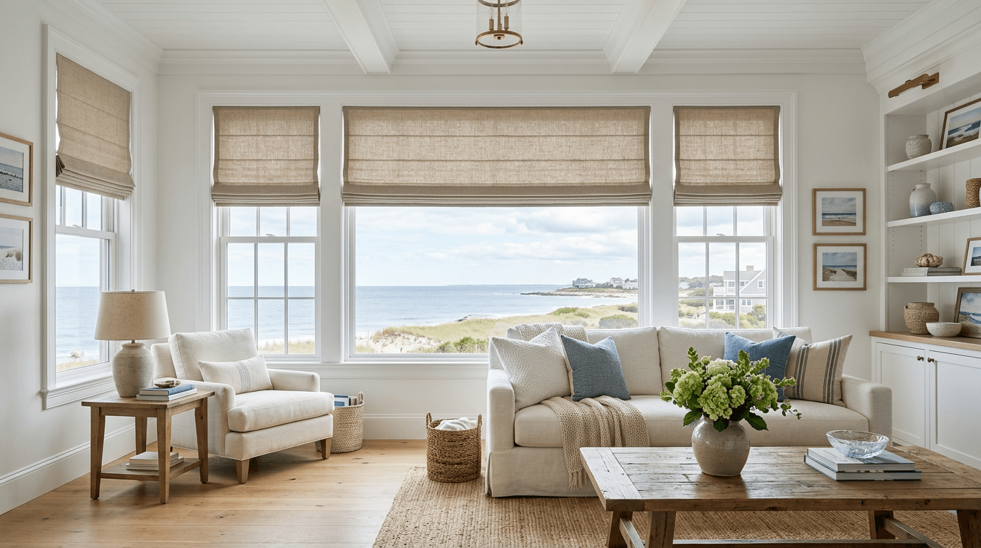 Woven roman shades overlooking the shore in a coastal Hamptons living room
