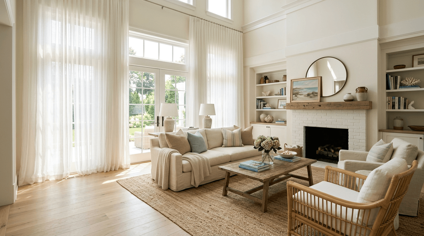 Sheer white drapery filtering natural light in a Southampton living room