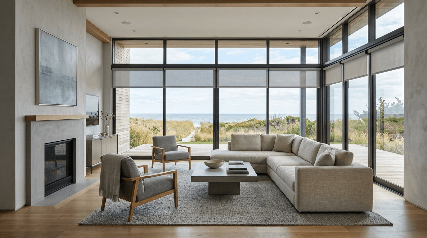 Modern roller shades providing precision light control in a contemporary Hamptons home