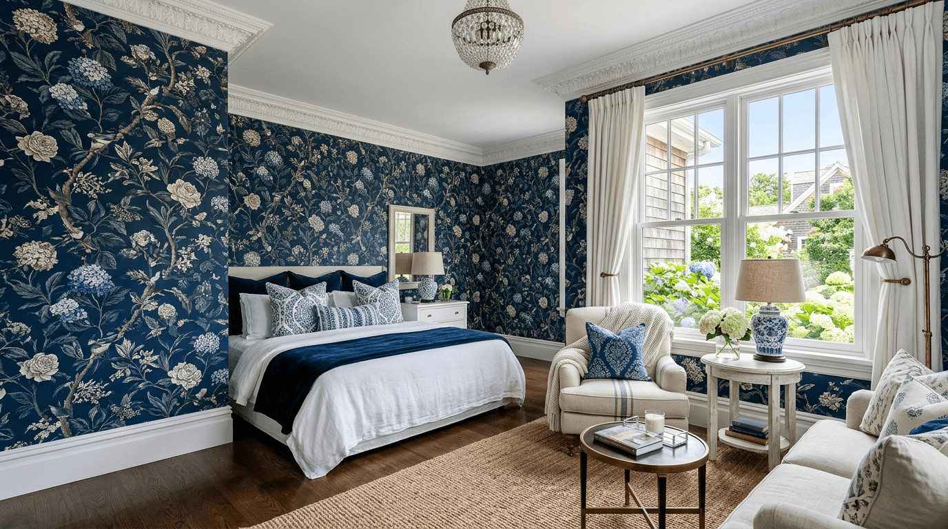 Blue botanical designer wallpaper in a Hamptons dining room