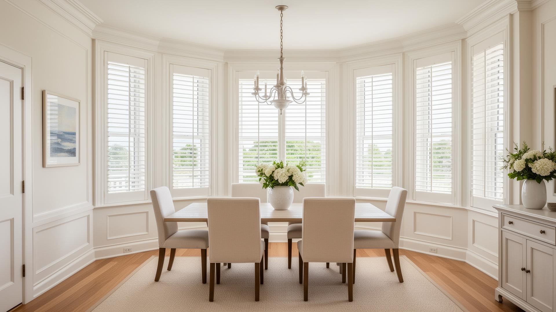 Woven wood shades in a sunlit Sag Harbor kitchen