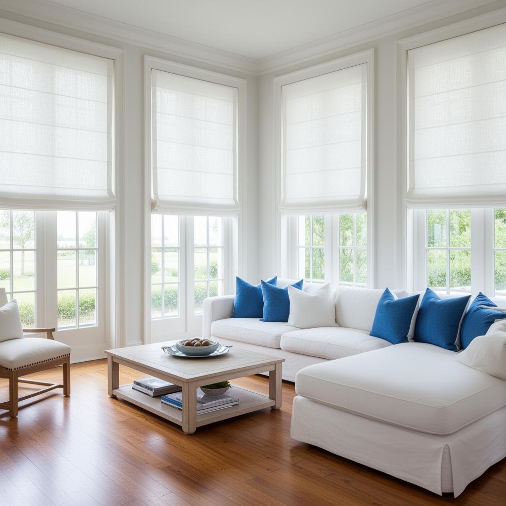 Roman shades in a Hamptons living room with blue accent pillows