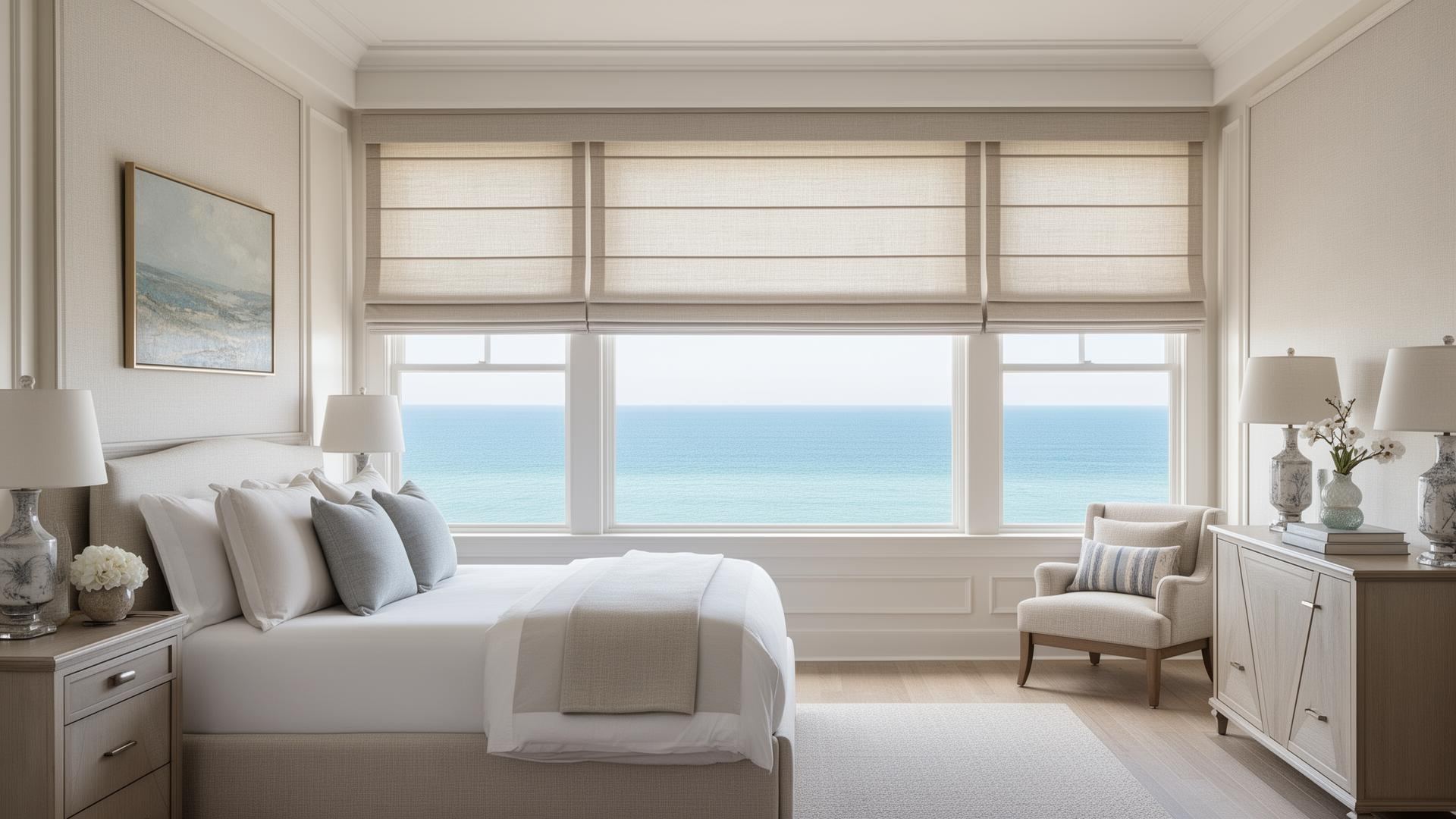Plantation shutters installed in a warm Bridgehampton bedroom